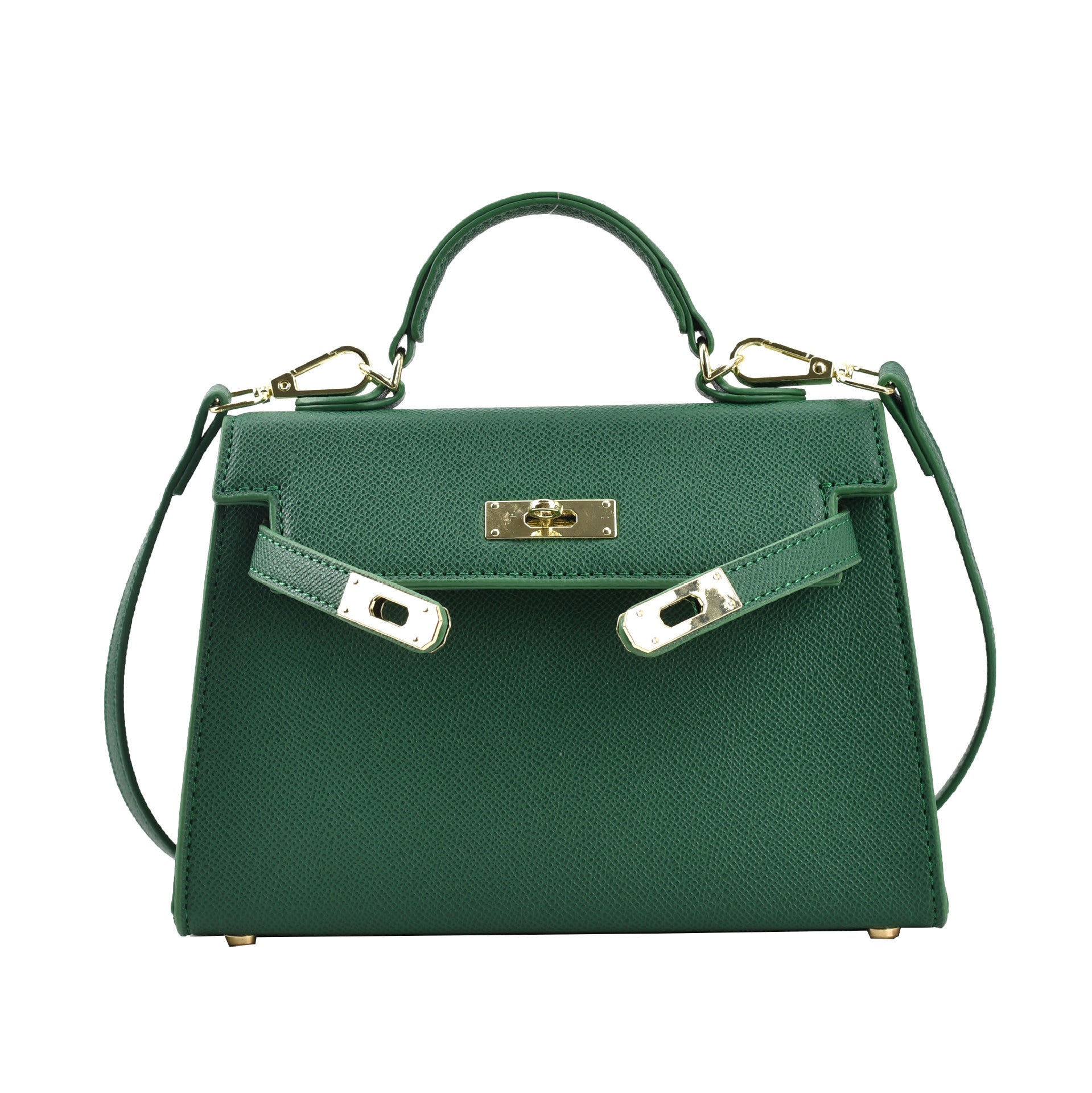 A woman carrying a small square bag with a lock