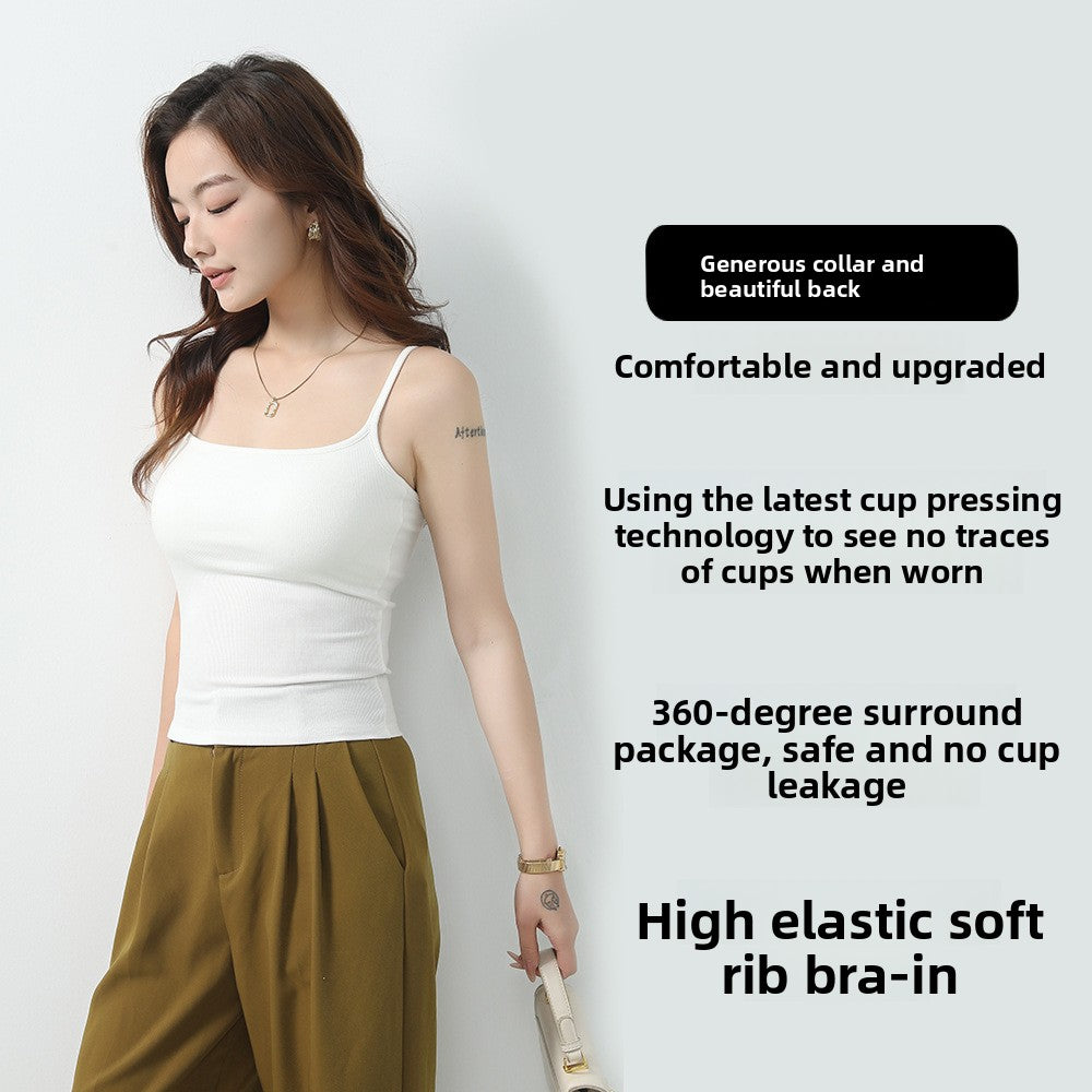 A woman with a beautiful back vest and bra with a chest pad