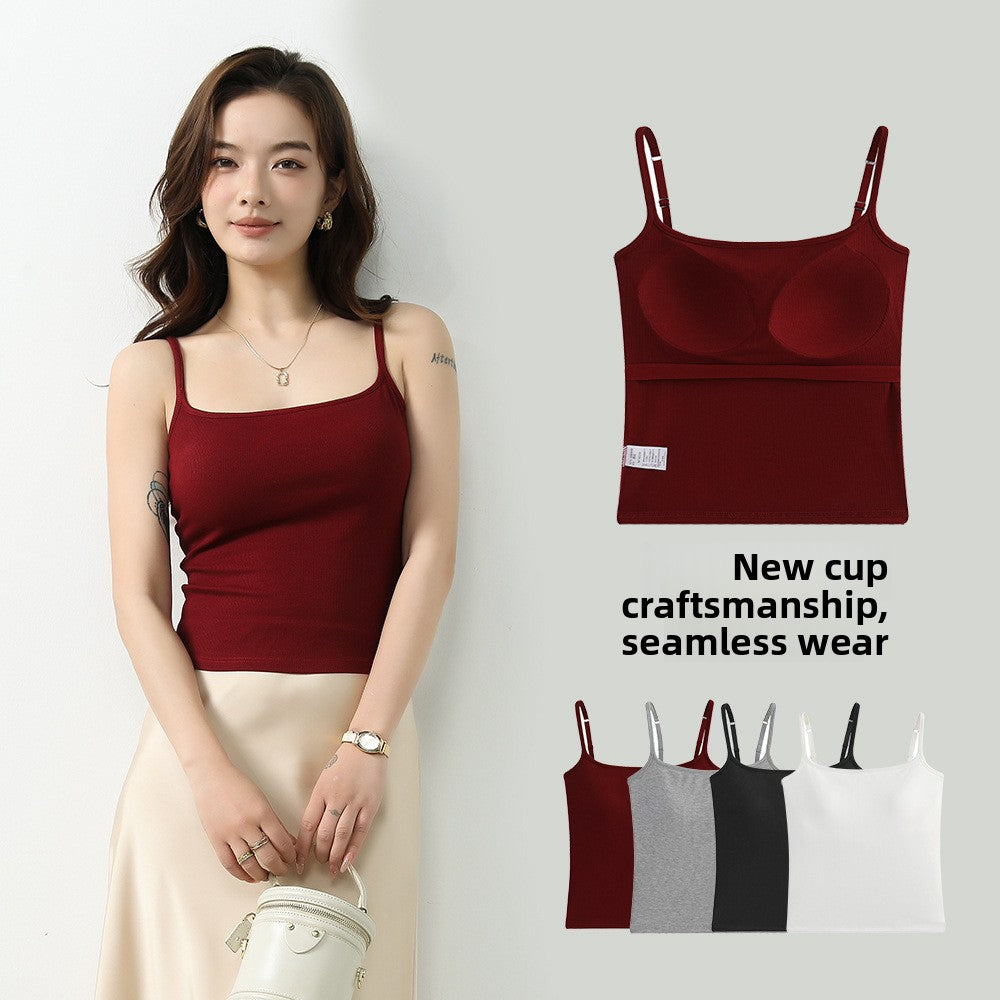 A woman with a beautiful back vest and bra with a chest pad