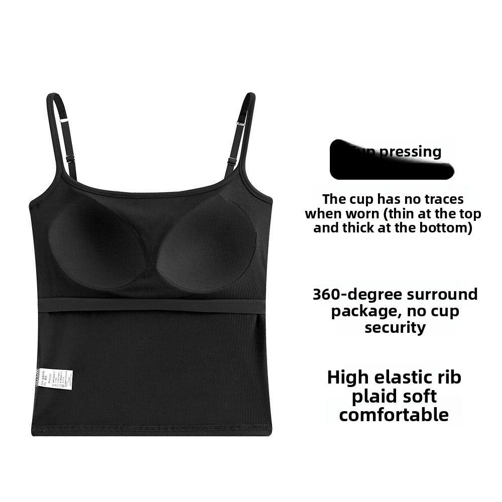 A woman with a beautiful back vest and bra with a chest pad