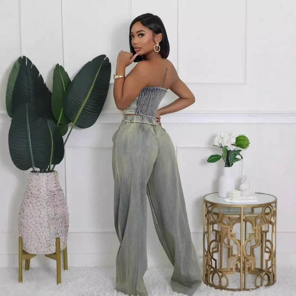 Women's Strapless Vest and Distressed Jeans Set