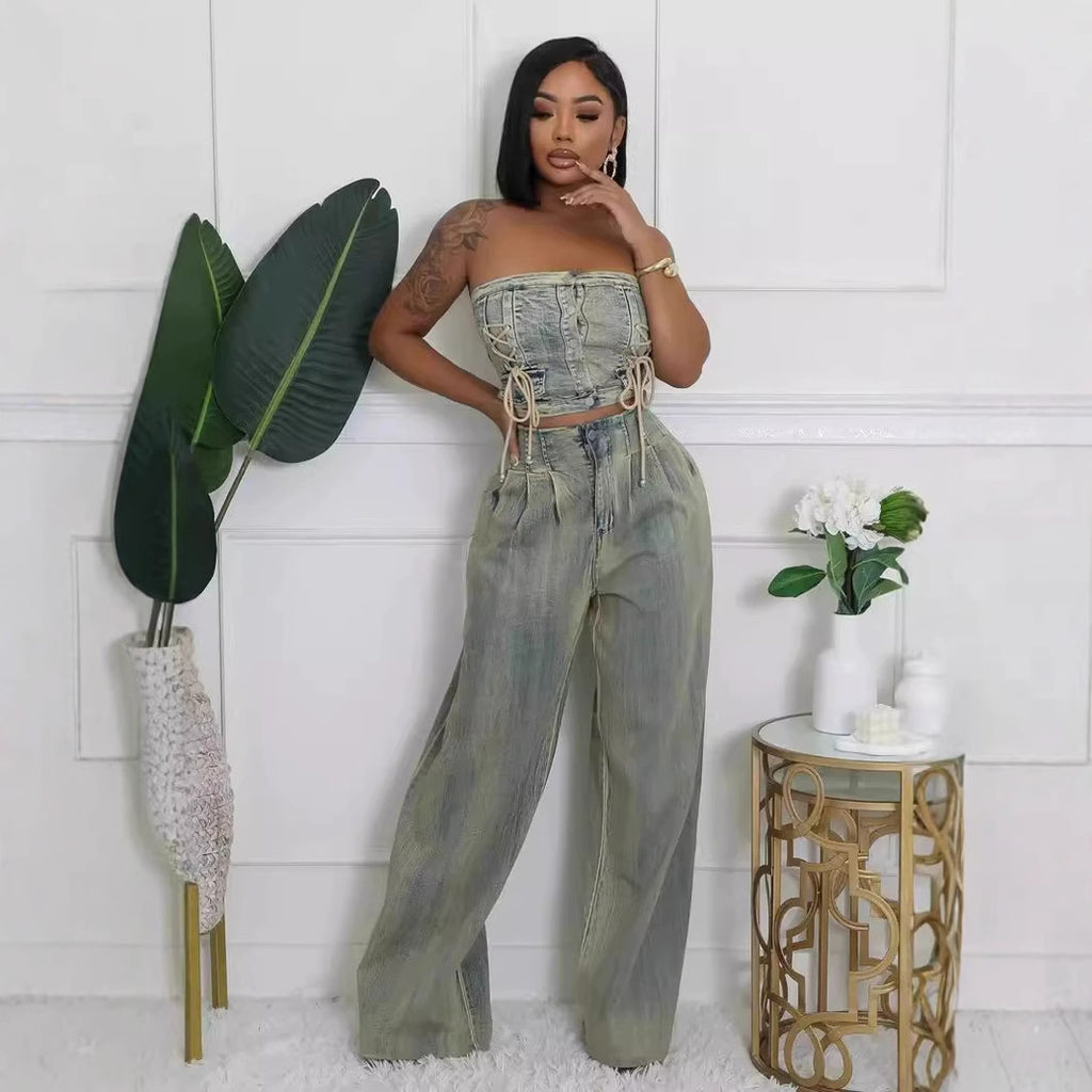 Women's Strapless Vest and Distressed Jeans Set