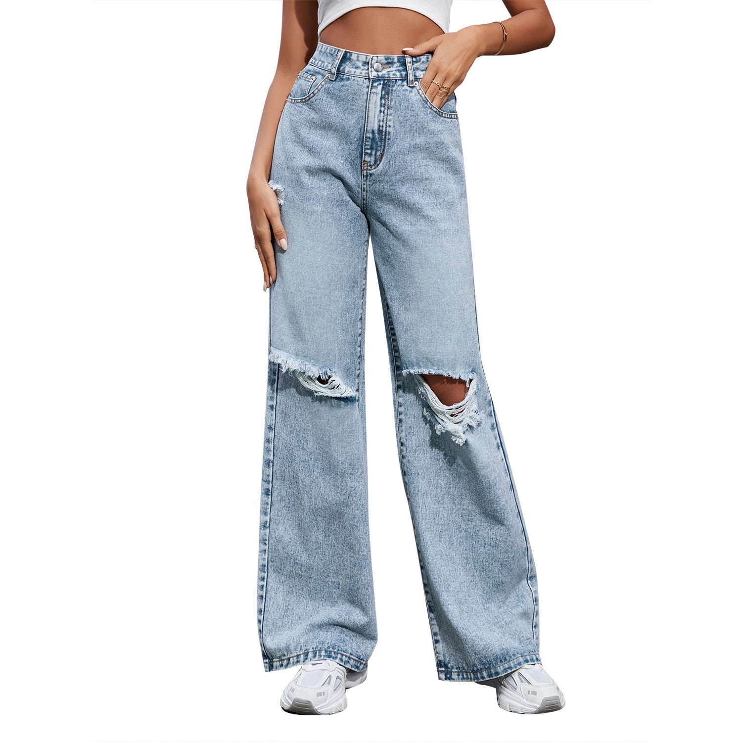Fashion Ripped High Waist Wide Leg Casual Jeans