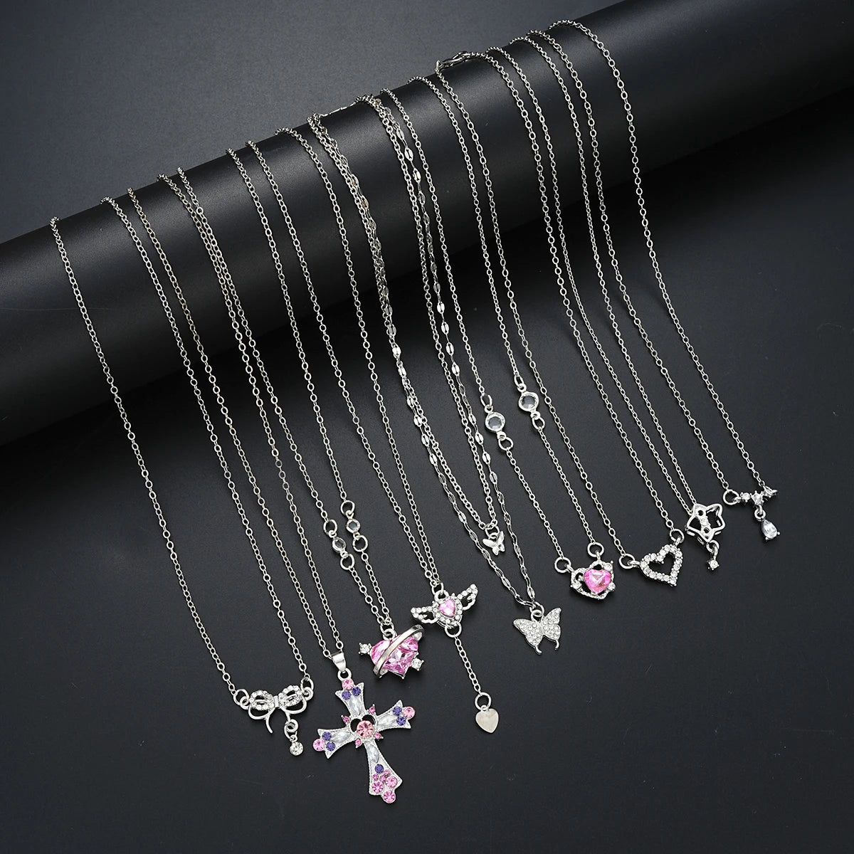 9 Pcs Women's Elegant Zircon Pendants Necklace Set Fashion Pink Color Cross Butterfly Heart Bowknot Necklaces Party Jewelry Gift