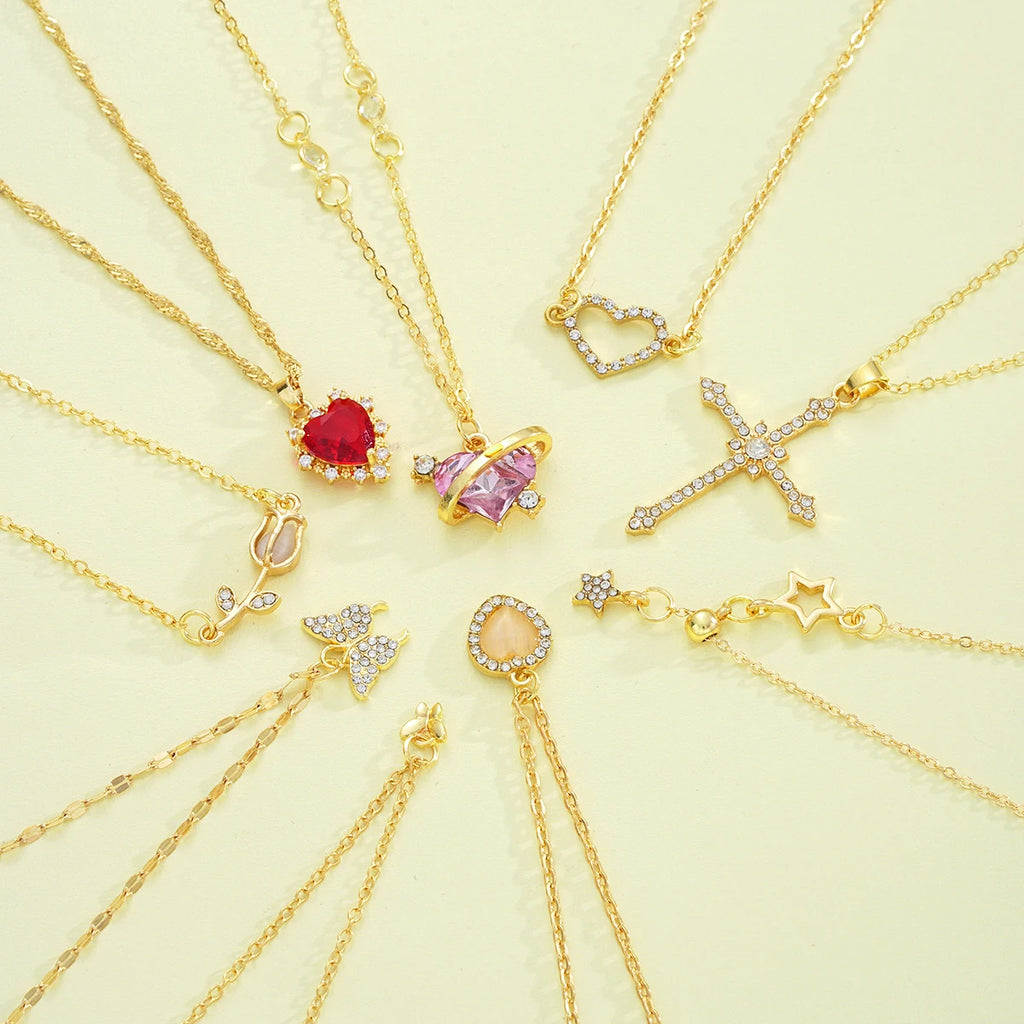8 Pcs Simple Temperament Necklace Set For Women Elegant Gold Color Crystal Butterfly Cross Rose Heart Star Pendant Necklaces
