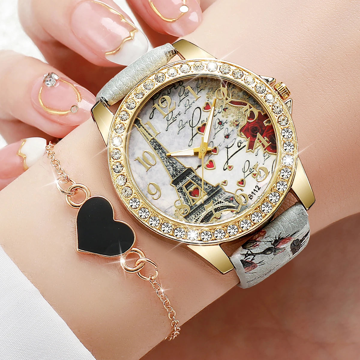 2/3/4/5PCS Fashion Rhinestone Women's Watch Flowers Printed Leather Band Female Quartz Watches Bracelets Set（Without Box）
