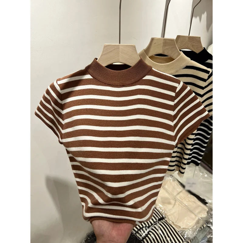 Half Turtleneck Pullover Striped Sweater Sweater Slim Fit Top Shirt Women's Early Spring and Autumn Short Sleeve Bottoming Shirt