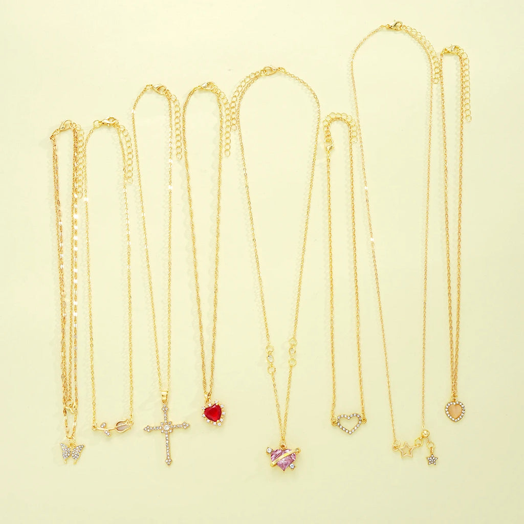 8 Pcs Simple Temperament Necklace Set For Women Elegant Gold Color Crystal Butterfly Cross Rose Heart Star Pendant Necklaces