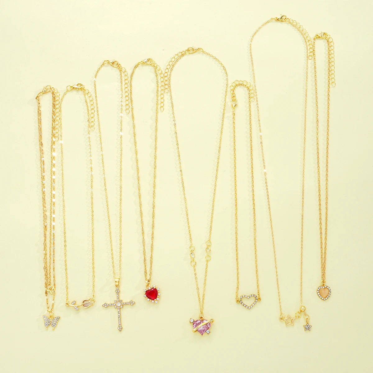 8 Pcs Simple Temperament Necklace Set For Women Elegant Gold Color Crystal Butterfly Cross Rose Heart Star Pendant Necklaces