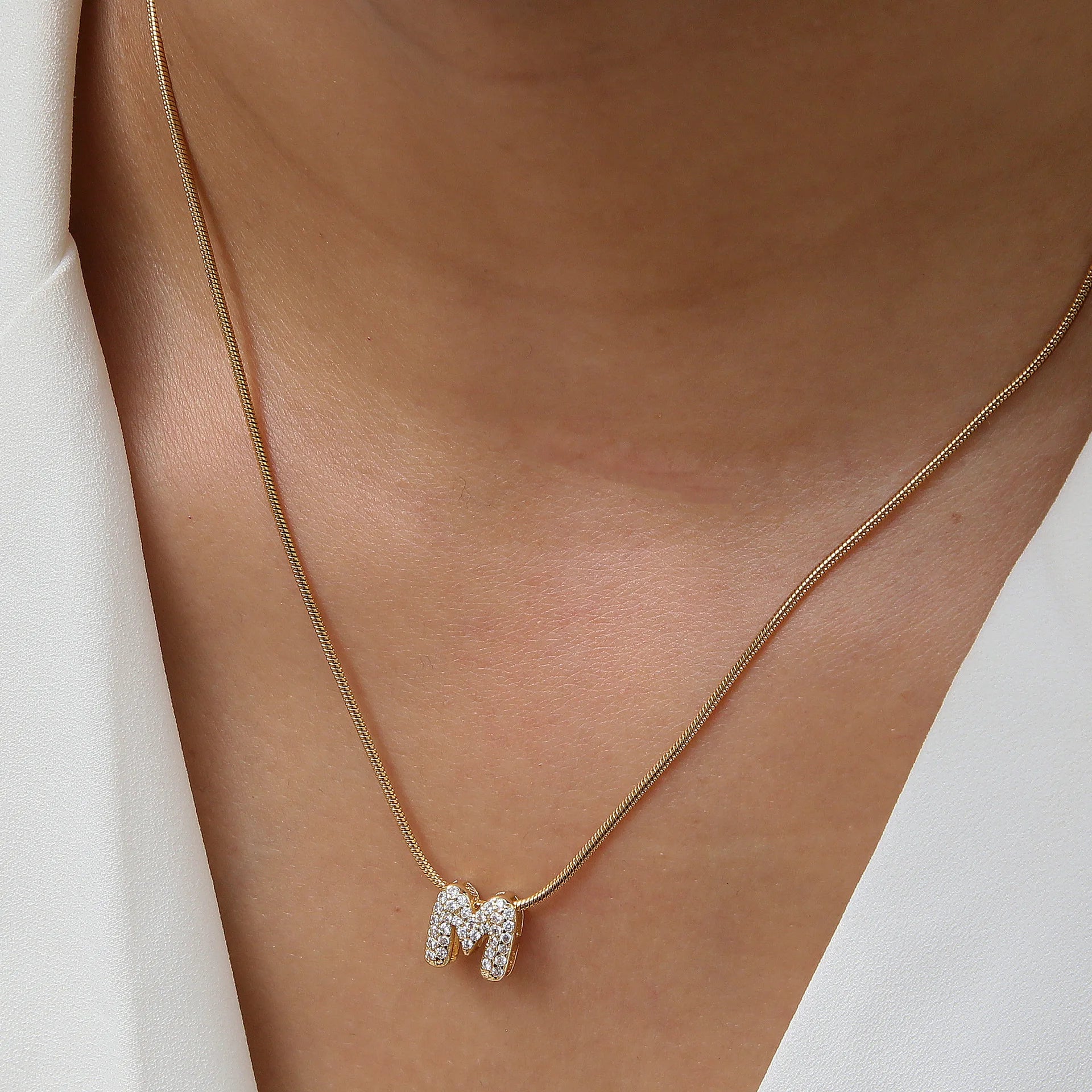 Dainty Zircon Tiny Initial Letter Necklace for Women Gold Plated Stainless Steel Snake Chain Choker Necklaces Alphabet Pendants