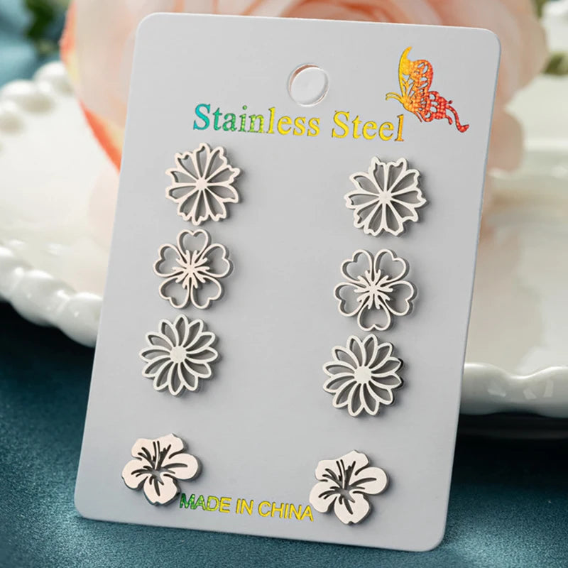 4Pairs/Lot Bohemia Plum Blossom Earrings Women Vintage Daisy Sakura Lily Ear Studs for Girl Stainless Steel Jewelry Wedding Gift