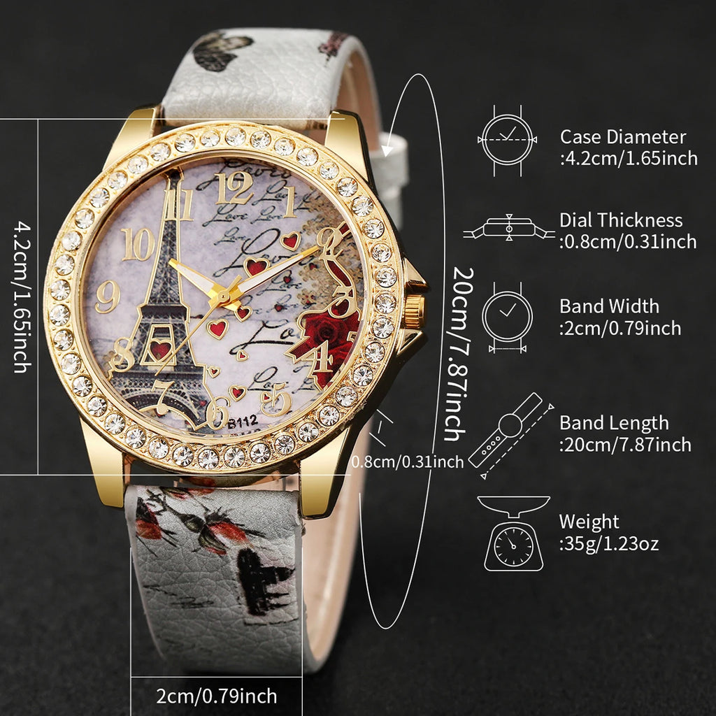 2/3/4/5PCS Fashion Rhinestone Women's Watch Flowers Printed Leather Band Female Quartz Watches Bracelets Set（Without Box）