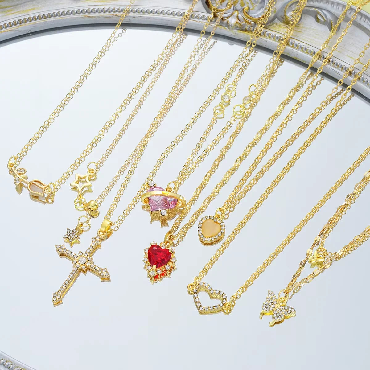 8 Pcs Simple Temperament Necklace Set For Women Elegant Gold Color Crystal Butterfly Cross Rose Heart Star Pendant Necklaces