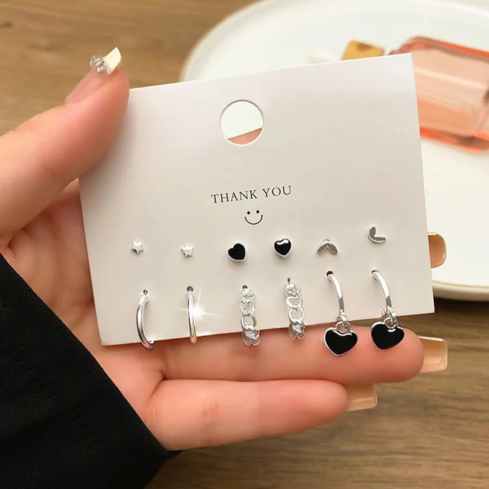 6 Pairs Korean Fashion Metal Start Heart Circle Small Earrings For Women Trend Black Heart Enamel Earrings Sweet Jewelry
