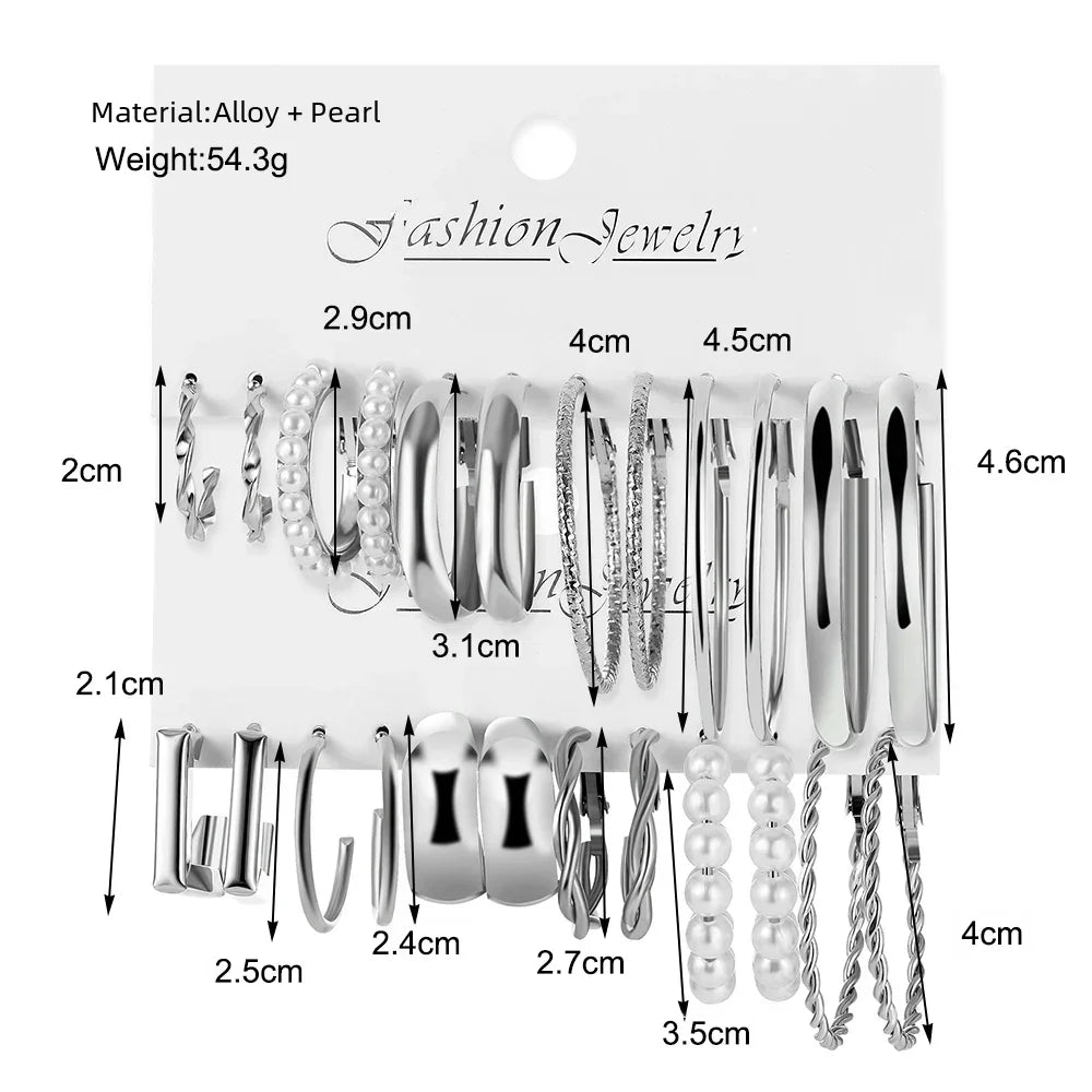 24 Pcs Vintage Silver Color Y2K Pearl Earrings for Women Geometry Round Circle Square Hoop Earring Set Fashion Female Jewelry