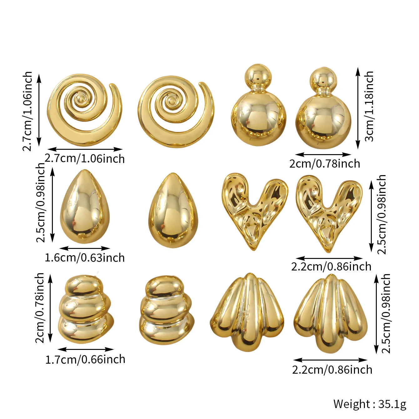 6 Pairs Punk Geometry CCB Stud Earrings Creative Water Drop Heart Earrings for Women Charm Daily Versatile Party Jewelry