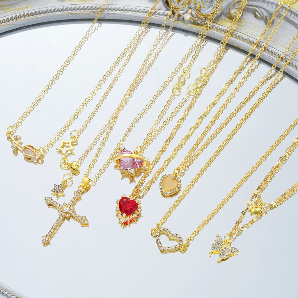 8 Pcs Simple Temperament Necklace Set For Women Elegant Gold Color Crystal Butterfly Cross Rose Heart Star Pendant Necklaces