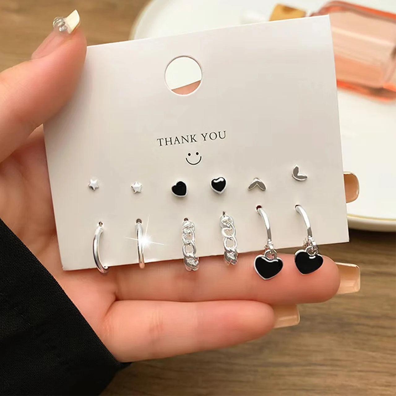 6 Pairs Korean Fashion Metal Start Heart Circle Small Earrings For Women Trend Black Heart Enamel Earrings Sweet Jewelry
