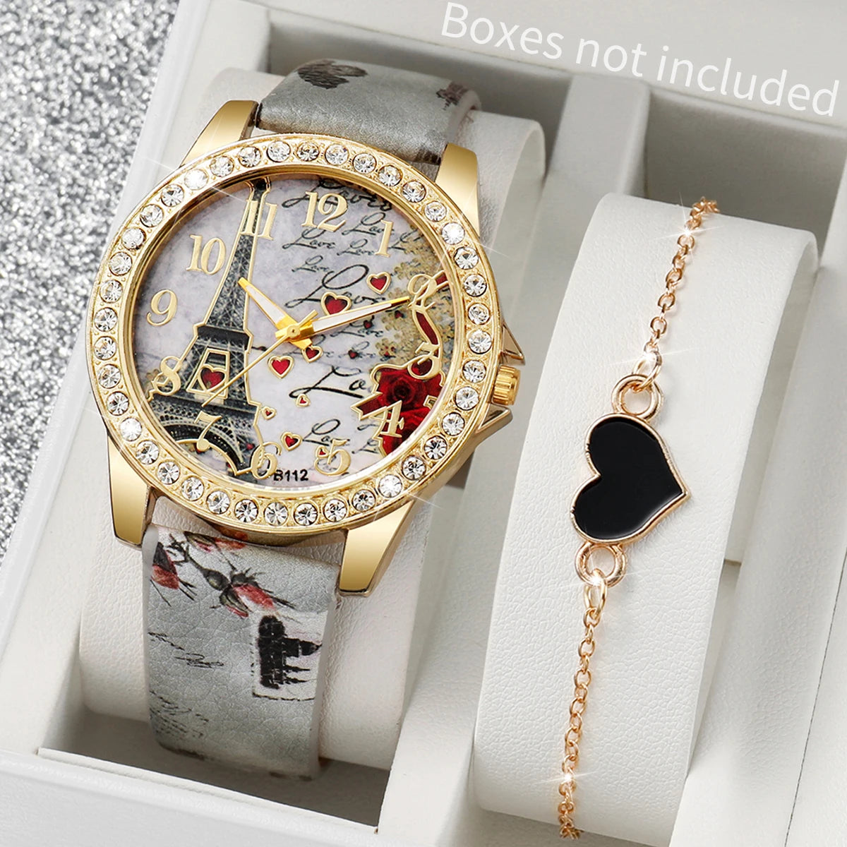 2/3/4/5PCS Fashion Rhinestone Women's Watch Flowers Printed Leather Band Female Quartz Watches Bracelets Set（Without Box）