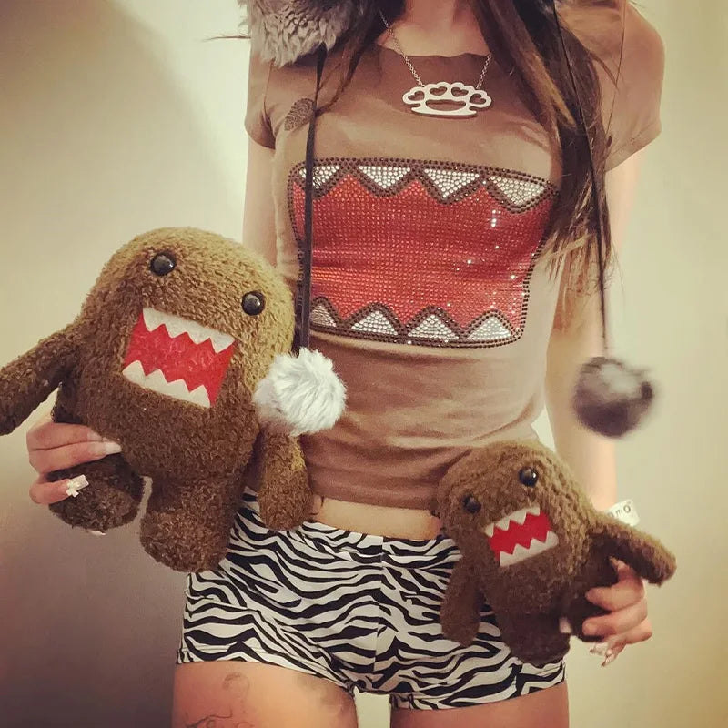 2025 summer new women Y2K Girl Retro Hot Fix Rhinestone Application Round  Neck Top T-shirt  Funny Vintage Tama Jun Top