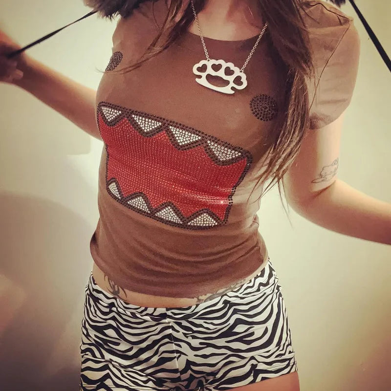 2025 summer new women Y2K Girl Retro Hot Fix Rhinestone Application Round  Neck Top T-shirt  Funny Vintage Tama Jun Top