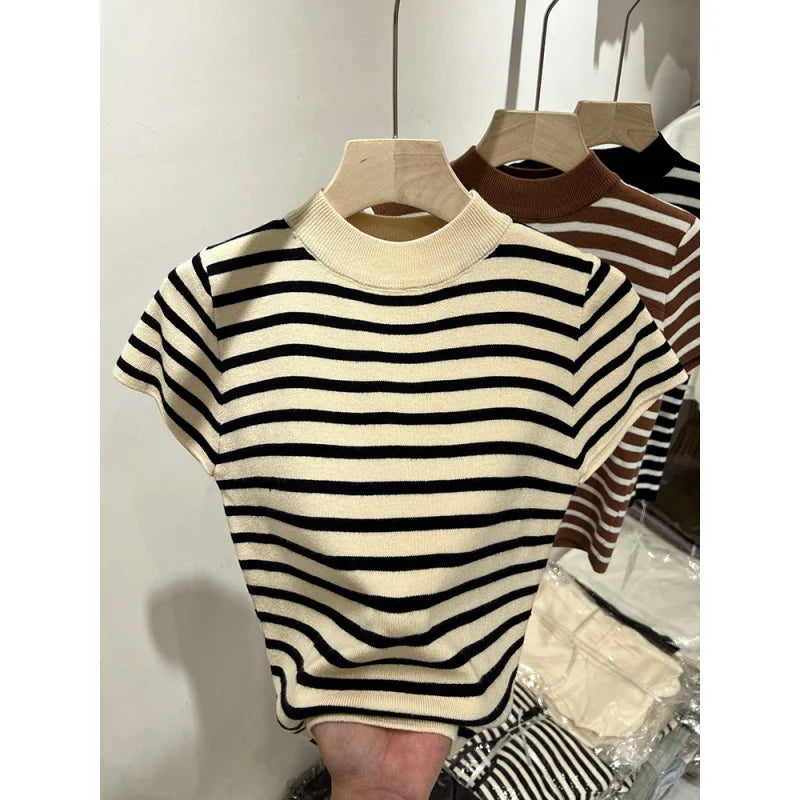 Half Turtleneck Pullover Striped Sweater Sweater Slim Fit Top Shirt Women's Early Spring and Autumn Short Sleeve Bottoming Shirt