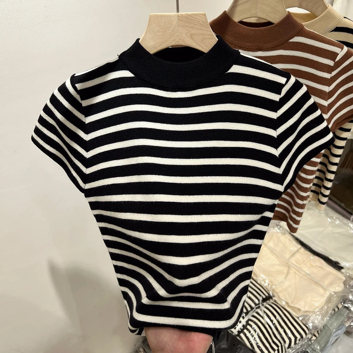 Half Turtleneck Pullover Striped Sweater Sweater Slim Fit Top Shirt Women's Early Spring and Autumn Short Sleeve Bottoming Shirt