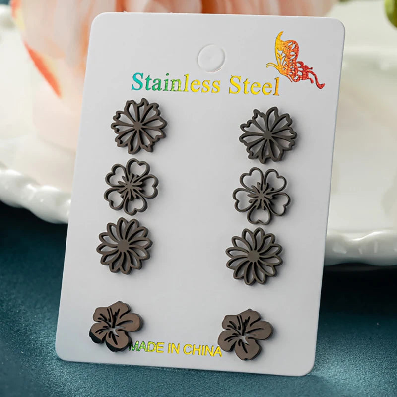 4Pairs/Lot Bohemia Plum Blossom Earrings Women Vintage Daisy Sakura Lily Ear Studs for Girl Stainless Steel Jewelry Wedding Gift