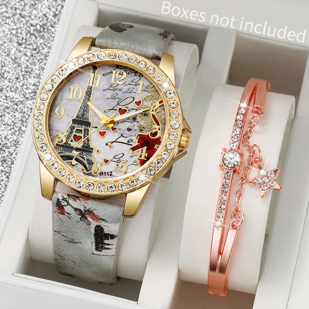 2/3/4/5PCS Fashion Rhinestone Women's Watch Flowers Printed Leather Band Female Quartz Watches Bracelets Set（Without Box）