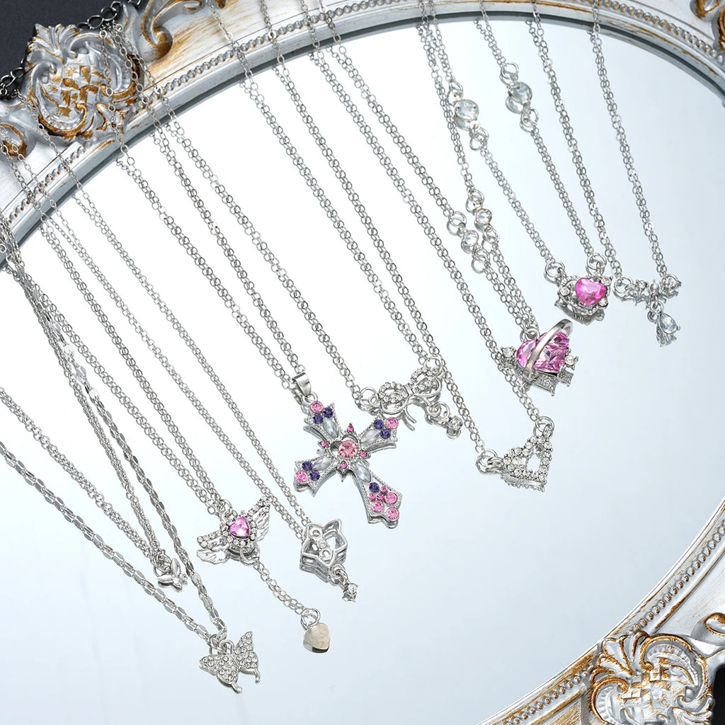 9 Pcs Women's Elegant Zircon Pendants Necklace Set Fashion Pink Color Cross Butterfly Heart Bowknot Necklaces Party Jewelry Gift