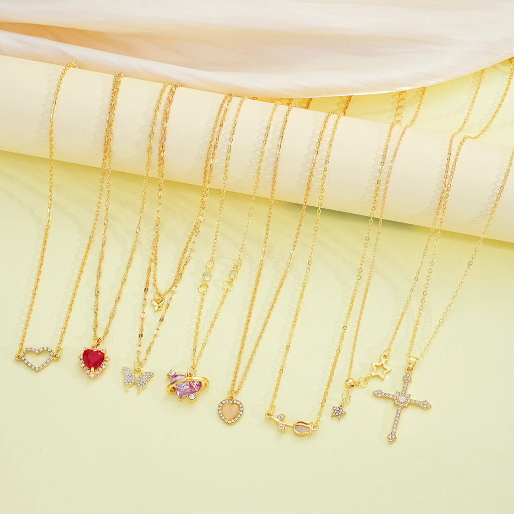 8 Pcs Simple Temperament Necklace Set For Women Elegant Gold Color Crystal Butterfly Cross Rose Heart Star Pendant Necklaces