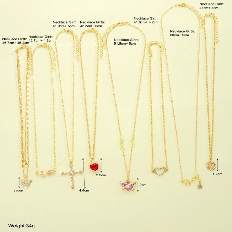 8 Pcs Simple Temperament Necklace Set For Women Elegant Gold Color Crystal Butterfly Cross Rose Heart Star Pendant Necklaces