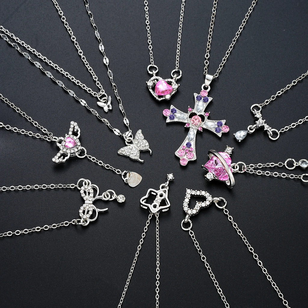9 Pcs Women's Elegant Zircon Pendants Necklace Set Fashion Pink Color Cross Butterfly Heart Bowknot Necklaces Party Jewelry Gift