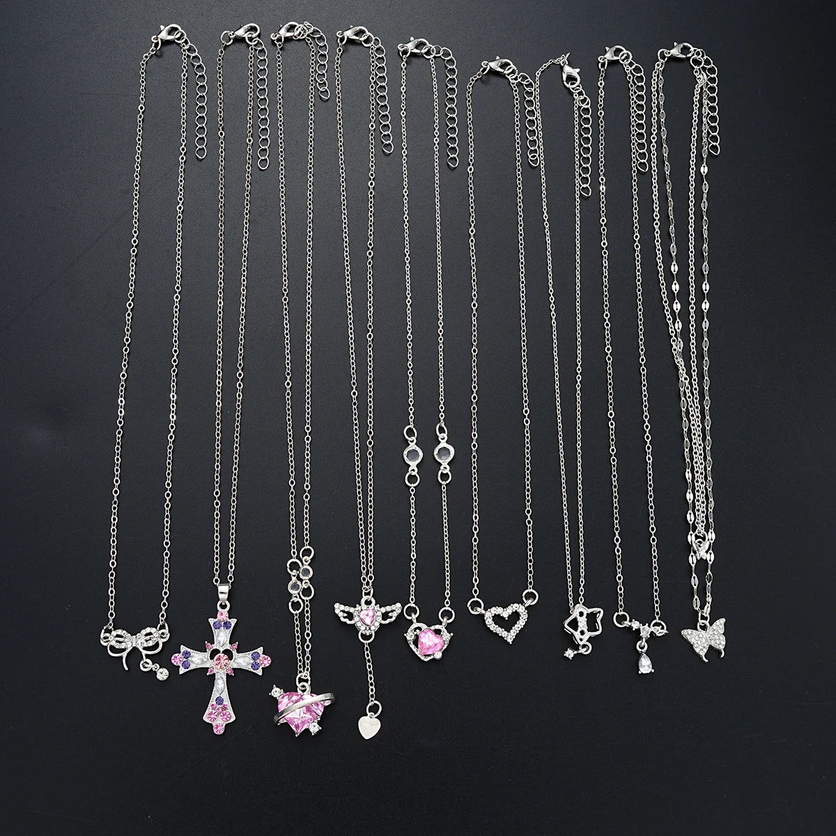 9 Pcs Women's Elegant Zircon Pendants Necklace Set Fashion Pink Color Cross Butterfly Heart Bowknot Necklaces Party Jewelry Gift