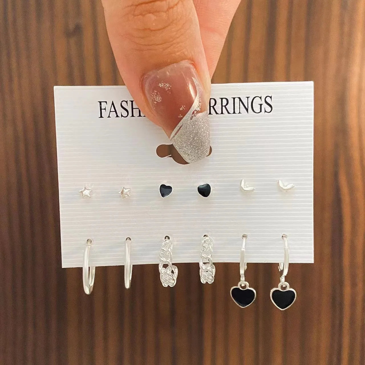 6 Pairs Korean Fashion Metal Start Heart Circle Small Earrings For Women Trend Black Heart Enamel Earrings Sweet Jewelry