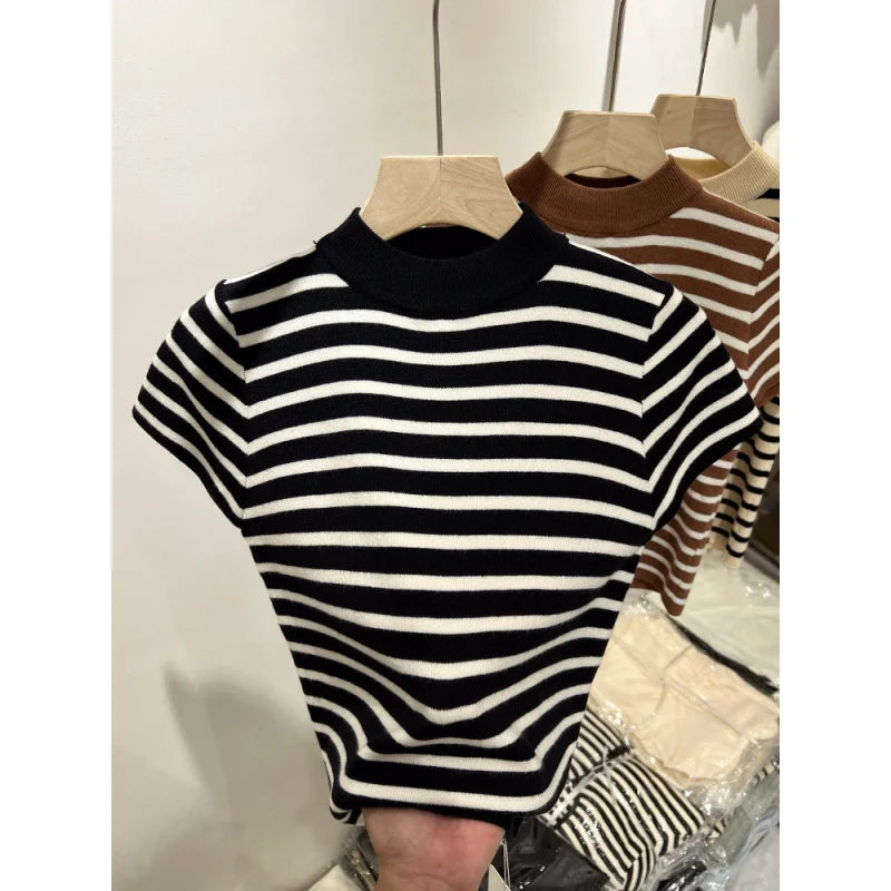 Half Turtleneck Pullover Striped Sweater Sweater Slim Fit Top Shirt Women's Early Spring and Autumn Short Sleeve Bottoming Shirt