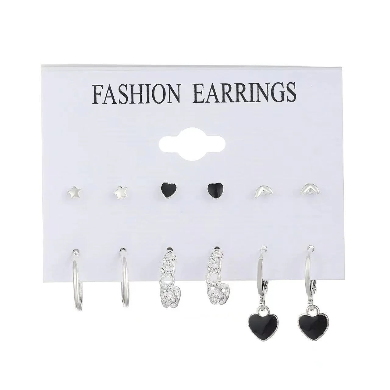 6 Pairs Korean Fashion Metal Start Heart Circle Small Earrings For Women Trend Black Heart Enamel Earrings Sweet Jewelry