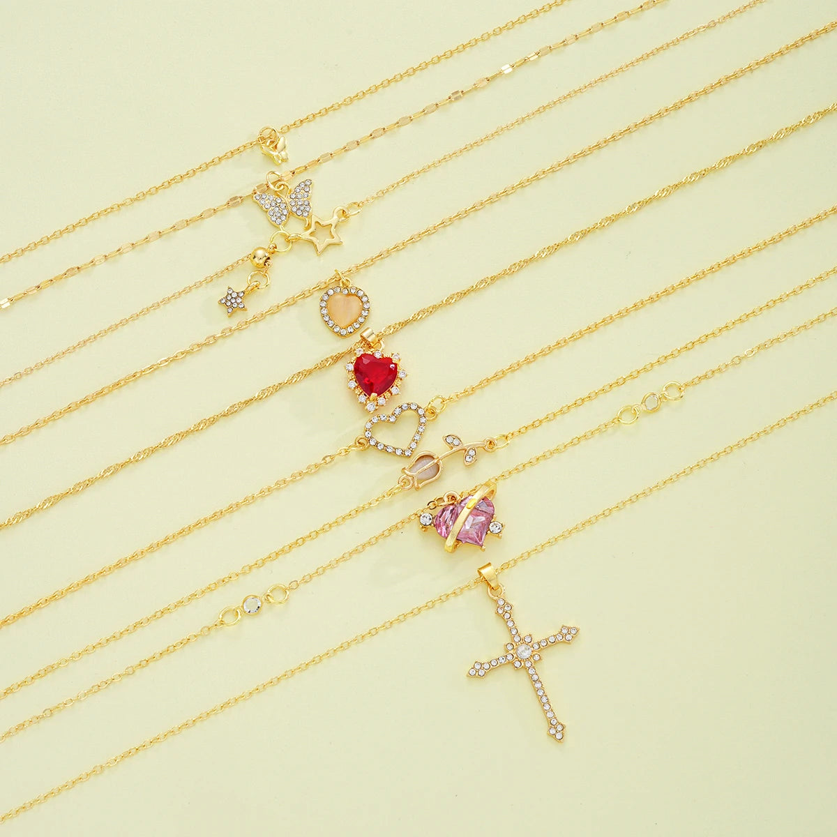 8 Pcs Simple Temperament Necklace Set For Women Elegant Gold Color Crystal Butterfly Cross Rose Heart Star Pendant Necklaces
