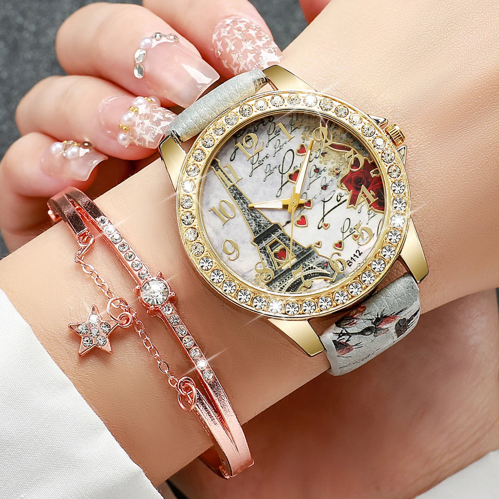 2/3/4/5PCS Fashion Rhinestone Women's Watch Flowers Printed Leather Band Female Quartz Watches Bracelets Set（Without Box）