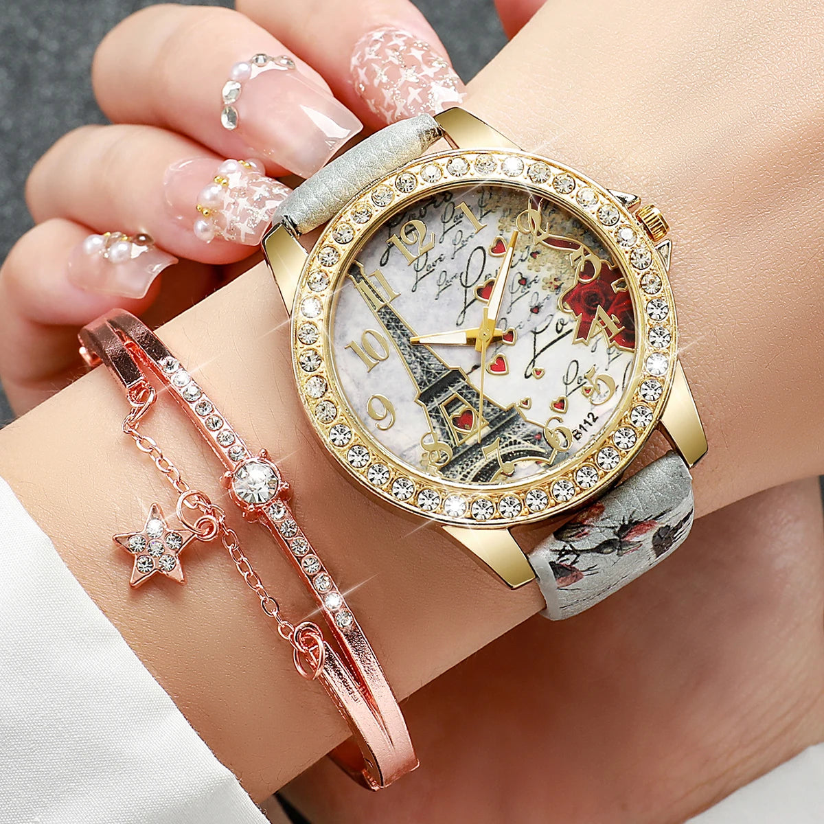 2/3/4/5PCS Fashion Rhinestone Women's Watch Flowers Printed Leather Band Female Quartz Watches Bracelets Set（Without Box）
