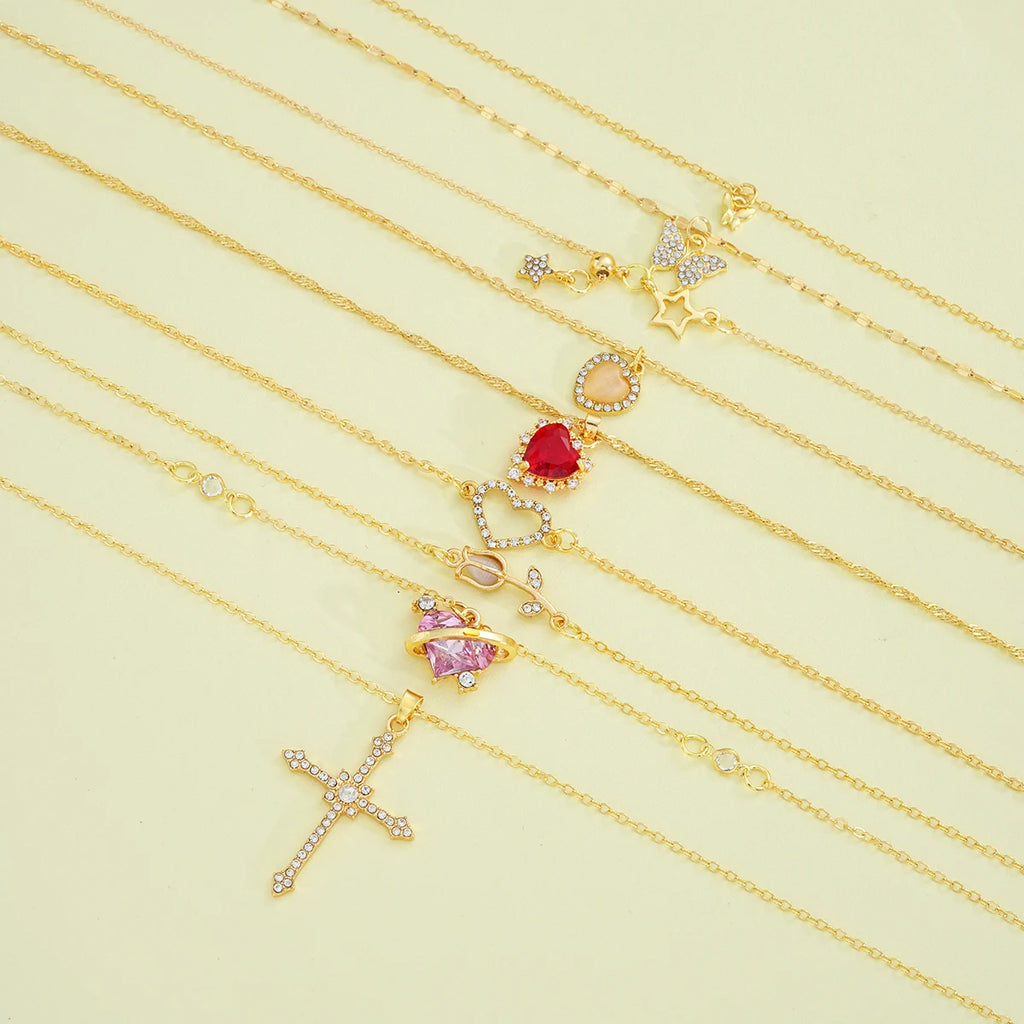 8 Pcs Simple Temperament Necklace Set For Women Elegant Gold Color Crystal Butterfly Cross Rose Heart Star Pendant Necklaces