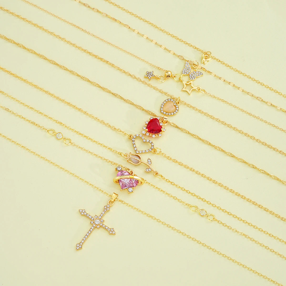 8 Pcs Simple Temperament Necklace Set For Women Elegant Gold Color Crystal Butterfly Cross Rose Heart Star Pendant Necklaces