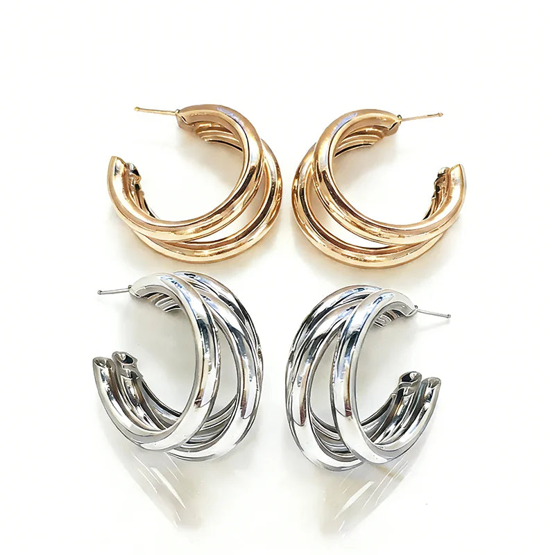 2 Pairs Simple Irregular Geometric Earring Set For Women's Exquisite Wavy Round Hoop Earrings Fashion Metal Ear Accessories