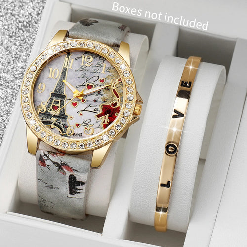 2/3/4/5PCS Fashion Rhinestone Women's Watch Flowers Printed Leather Band Female Quartz Watches Bracelets Set（Without Box）