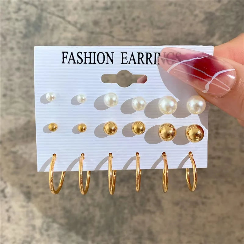 Fashion Geometric Hoop Earrings Set for Women Vintage Bohemian Pearl Gold Color Round Earring Punk Daily Wear Jewelry Gifts 2025