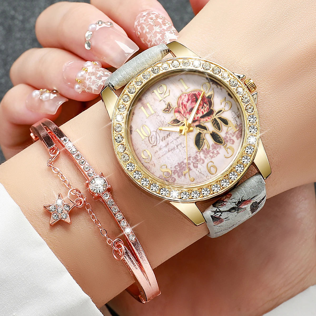 2/3/4/5PCS Fashion Rhinestone Women's Watch Flowers Printed Leather Band Female Quartz Watches Bracelets Set（Without Box）