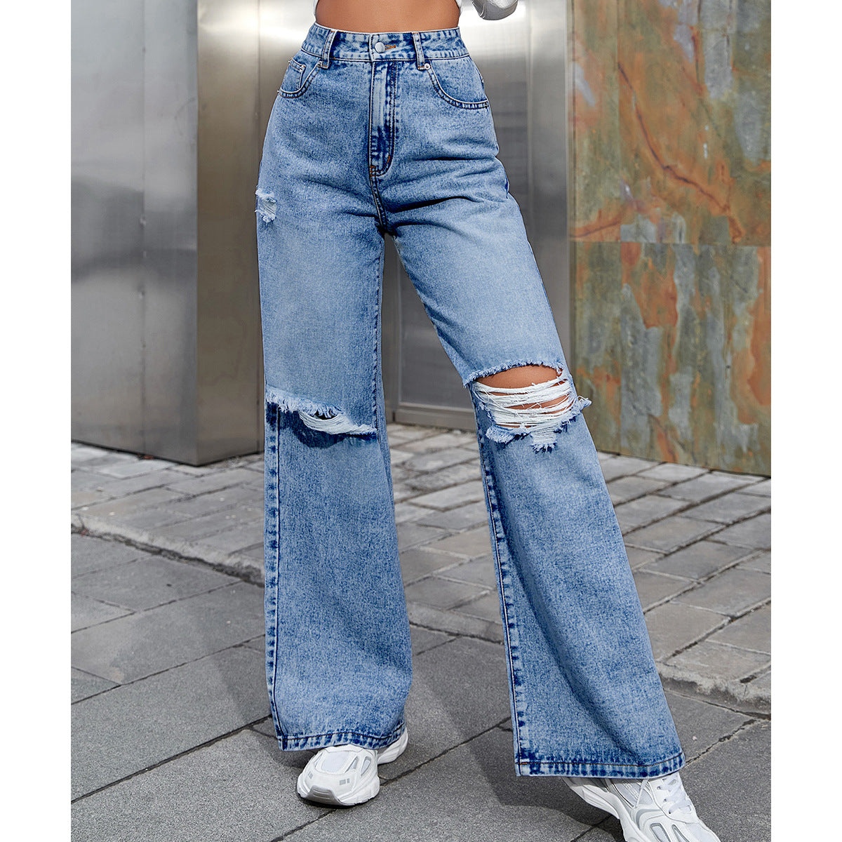 Fashion Ripped High Waist Wide Leg Casual Jeans