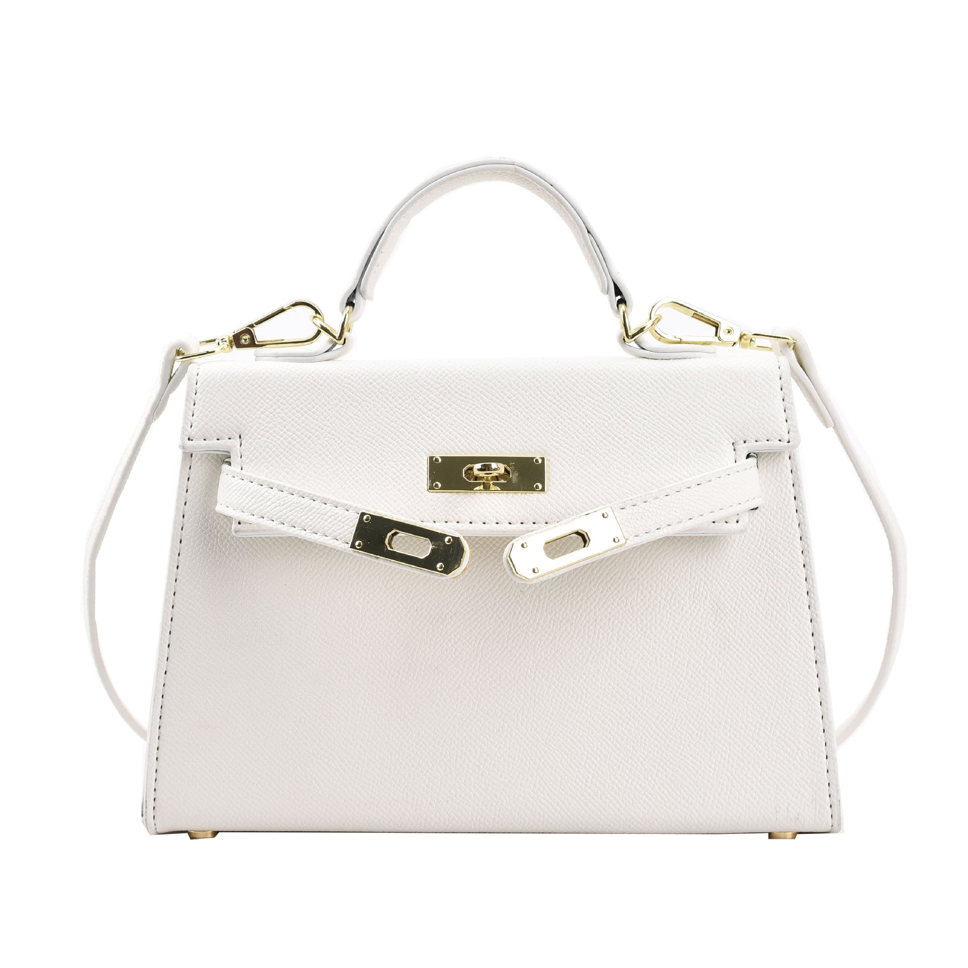 A woman carrying a small square bag with a lock