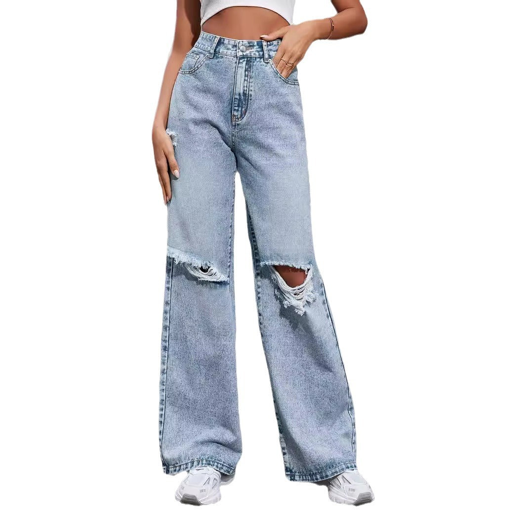 Fashion Ripped High Waist Wide Leg Casual Jeans