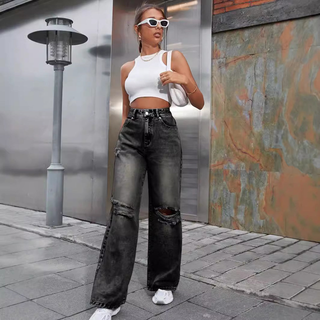 Fashion Ripped High Waist Wide Leg Casual Jeans